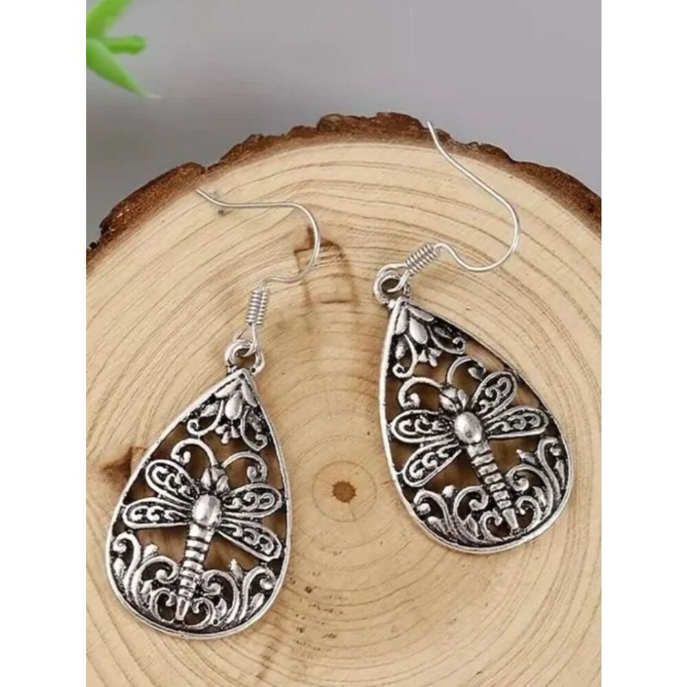 Dragonfly Water Drop Earrings Hollowed-Out Hippie Nature Flower Child Bohemian